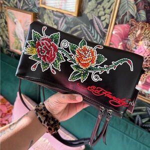 Ed Hardy Black Clutch with Red and Green Floral Design